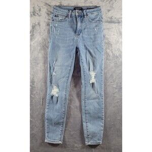 Judy Blue Jeans Control Top Skinny Women's Size 5/27 Blue Denim‎ Distressed